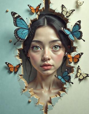 The primary subject of the image is a woman with a unique and artistic appearance. She is surrounded by a variety of butterflies, which are the main objects in the scene. The setting is a creative and imaginative environment, possibly a digital art or illustration. The visual style is a combination of photo and digital art, creating a surreal and dreamy atmosphere. The colors and mood are predominantly warm and vibrant, with the butterflies adding a touch of whimsy and playfulness to the scene.